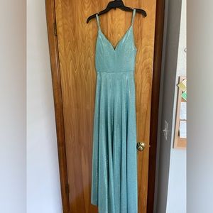 Teal Glitter Prom Dress Vneck Thigh Slit Formal